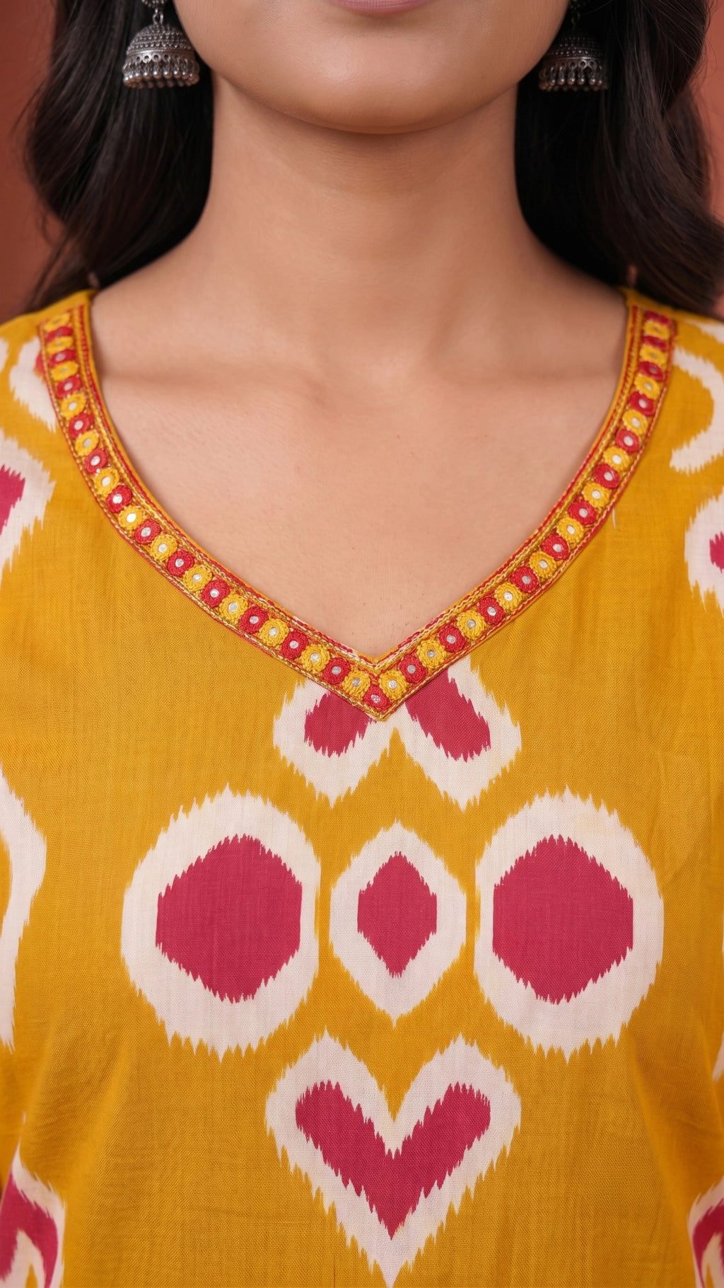 Mustard Ikat Printed Straight Kurta Set with Embroidered V-Neck, Pant & Dupatta