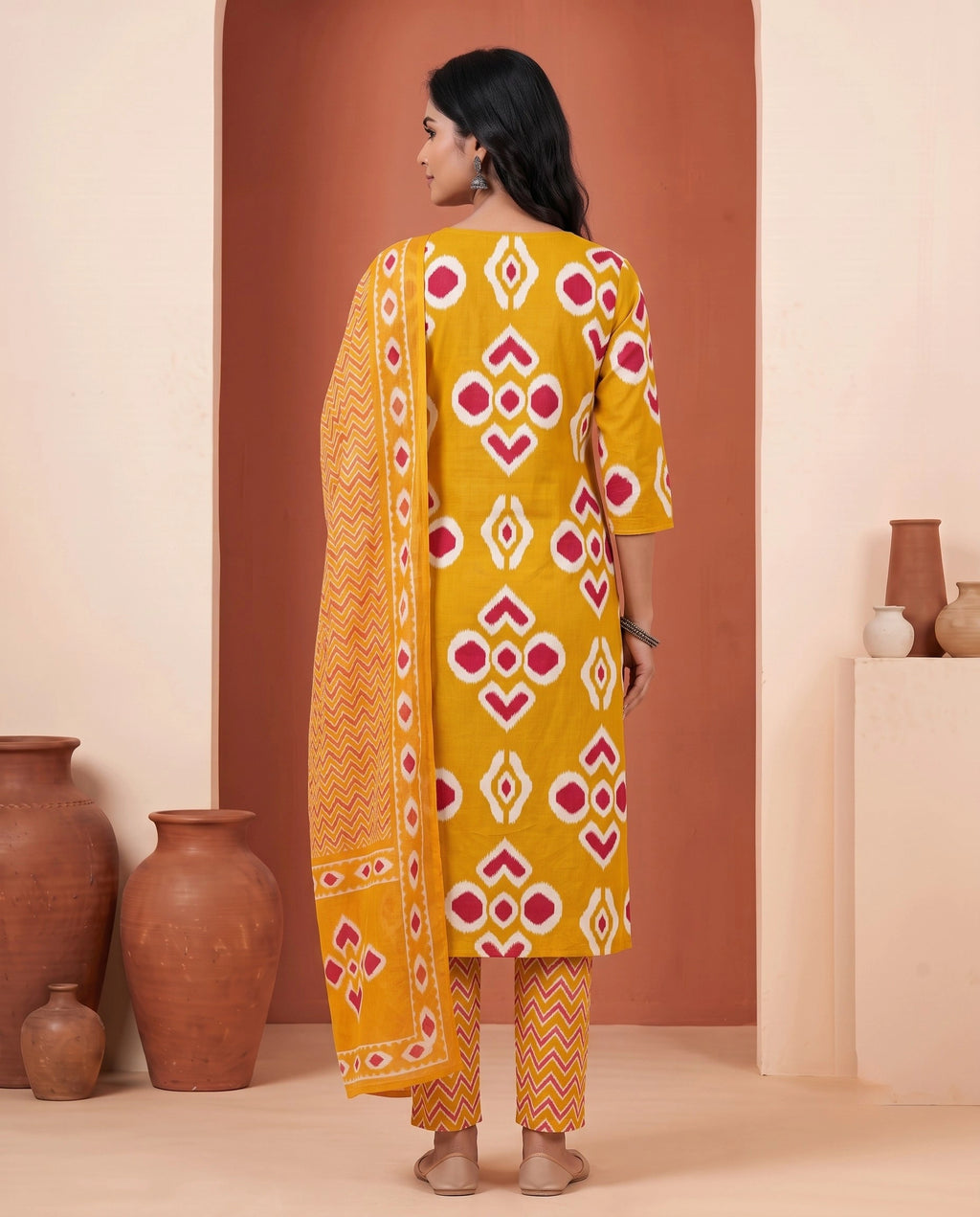 Mustard Ikat Printed Straight Kurta Set with Embroidered V-Neck, Pant & Dupatta