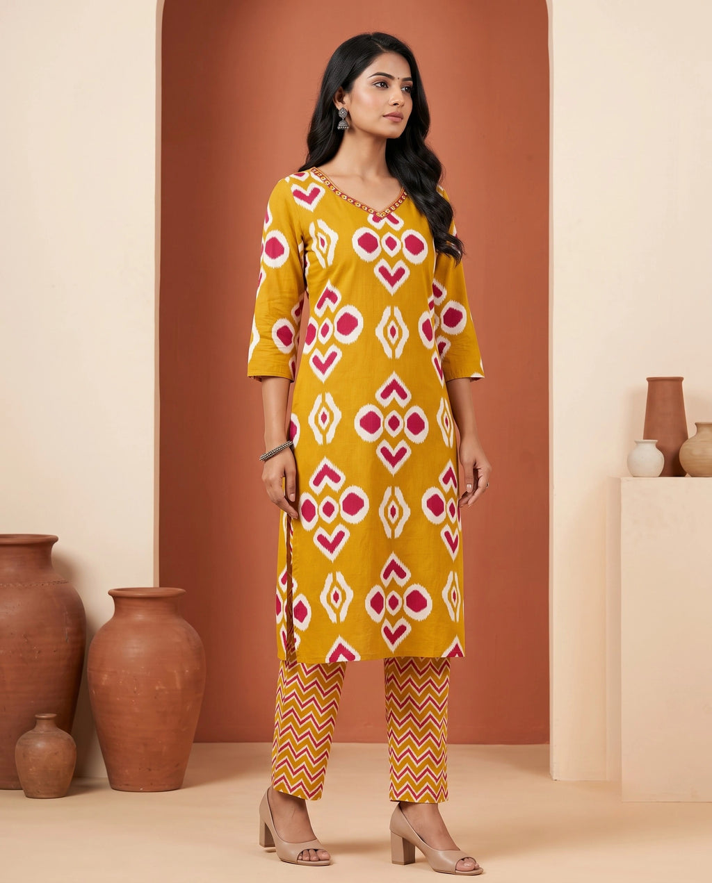 Mustard Ikat Printed Straight Kurta Set with Embroidered V-Neck, Pant & Dupatta