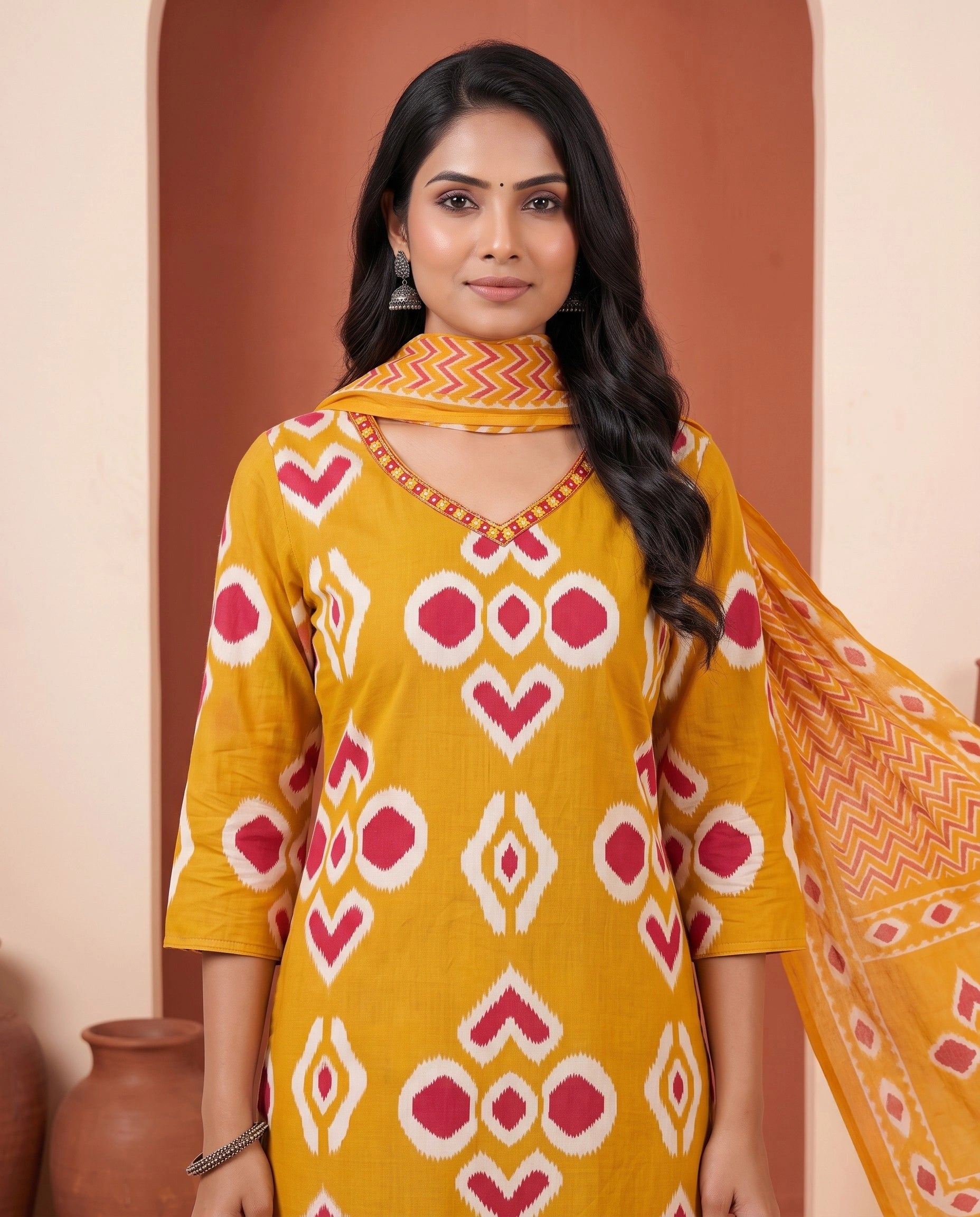 Mustard Ikat Printed Straight Kurta Set with Embroidered V-Neck, Pant & Dupatta