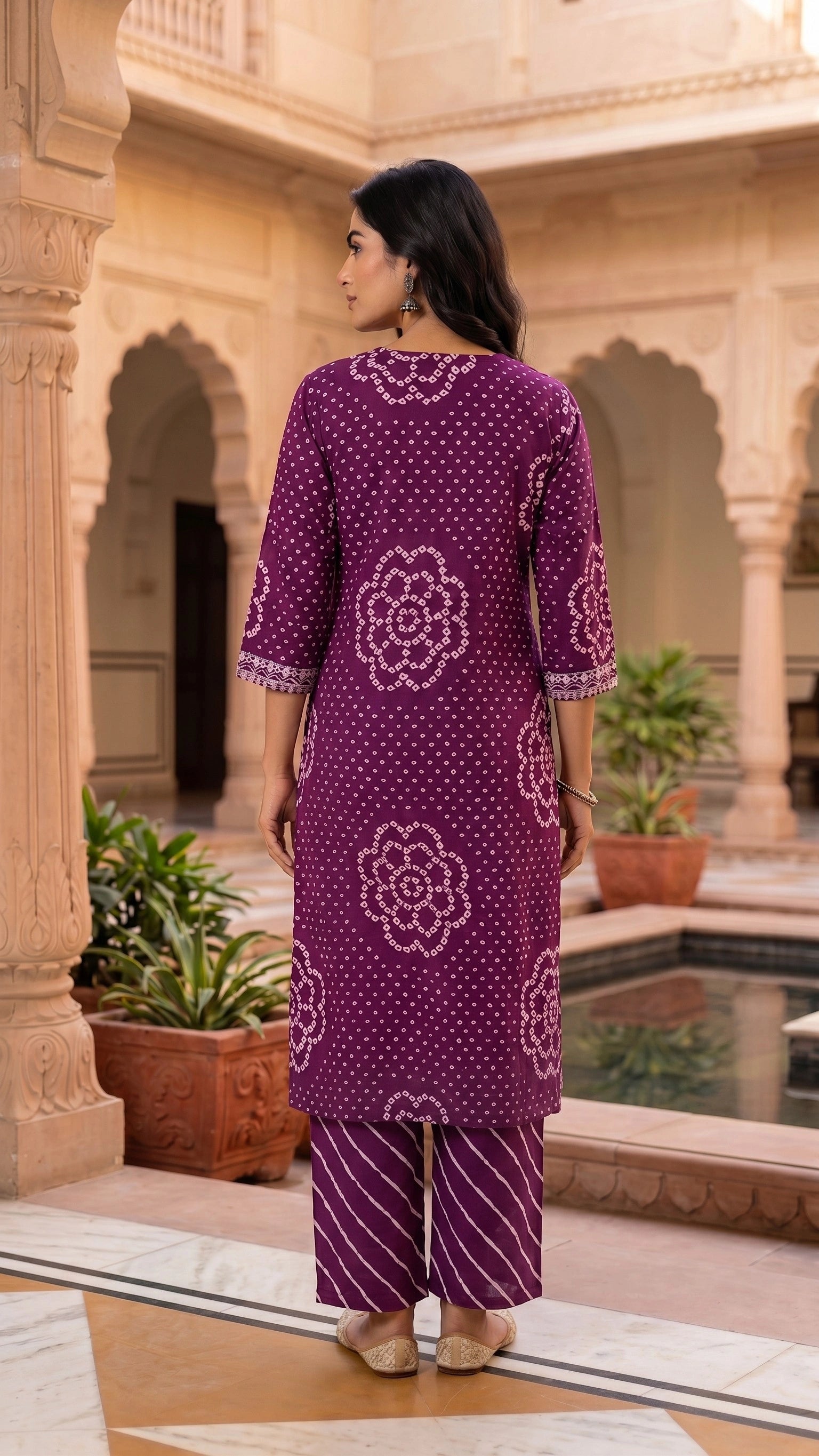 Ethnic Bandhej and Lehriya Printed Straight Kurta Palazzo Set with Dupatta
