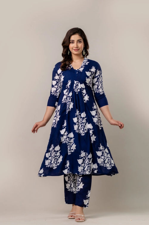 Blue Floral Printed Anarkali Kurta Pant Set with Dupatta Vnyashri