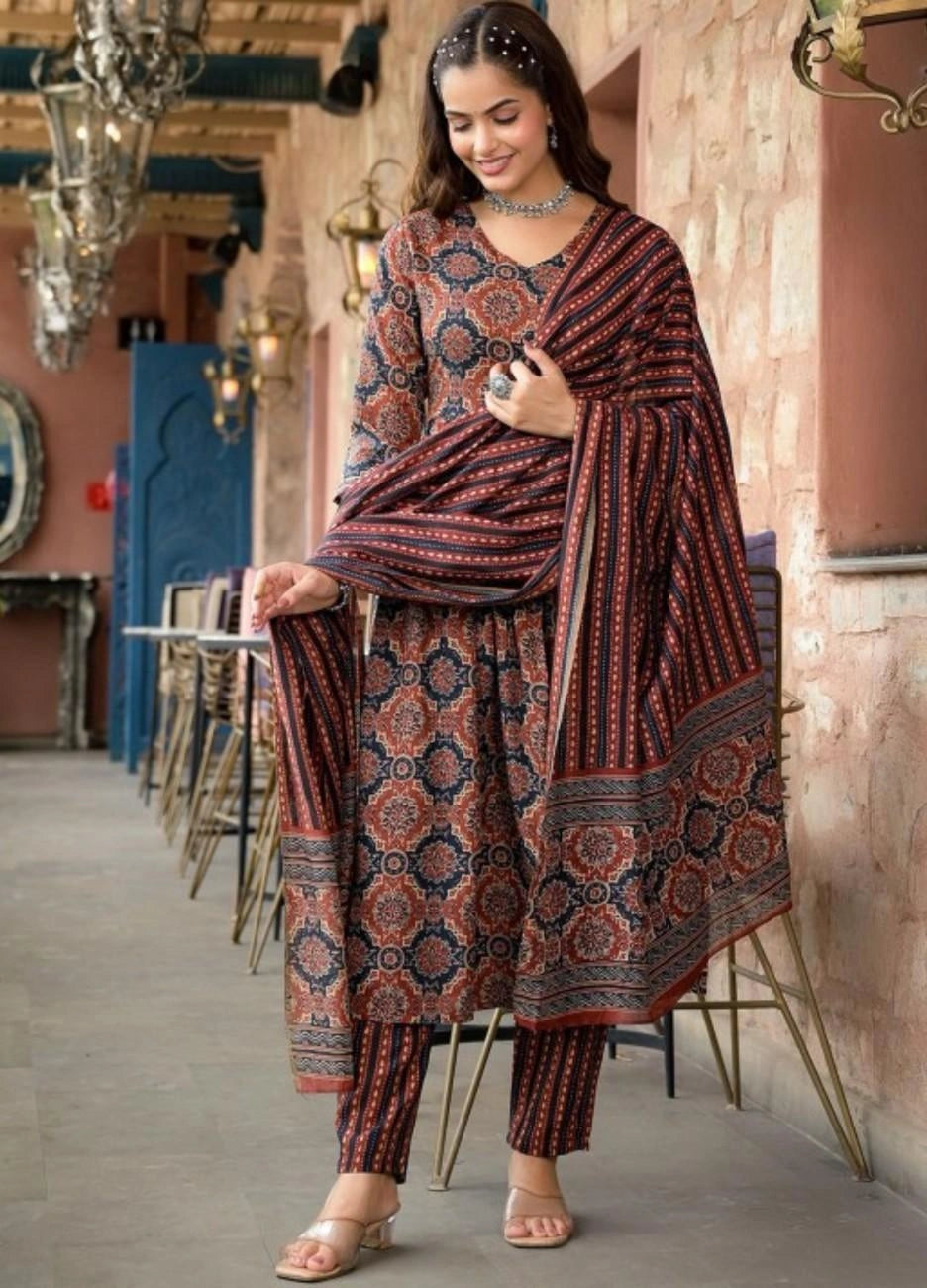 Vnyashri Brown Ethnic Motif Printed Anarkali Kurta Pant Set with Dupatta