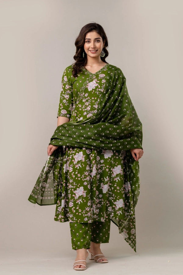 Floral Printed Anarkali Kurta Pant Set with Dupatta