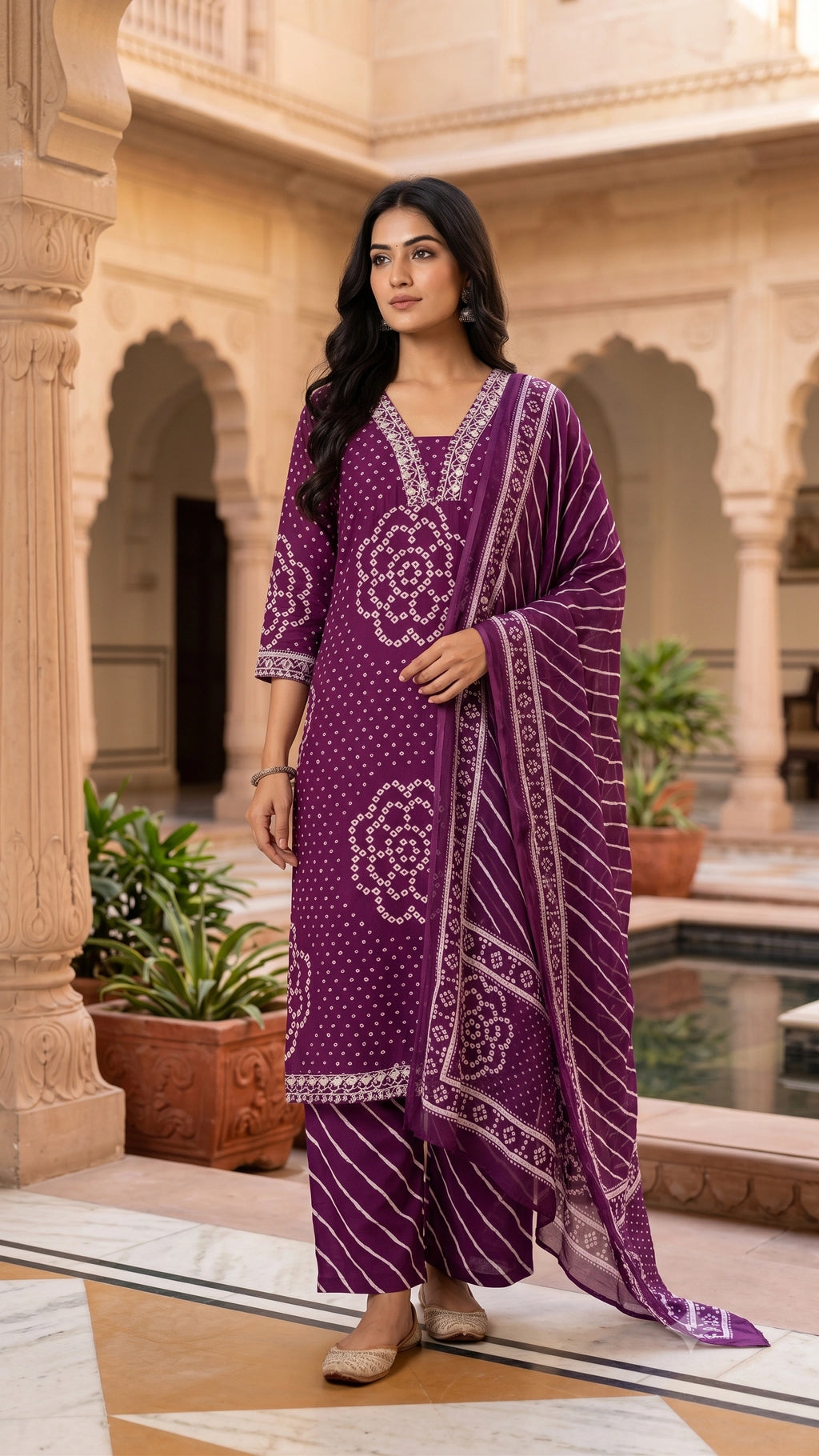 Ethnic Bandhej and Lehriya Printed Straight Kurta Palazzo Set with Dupatta