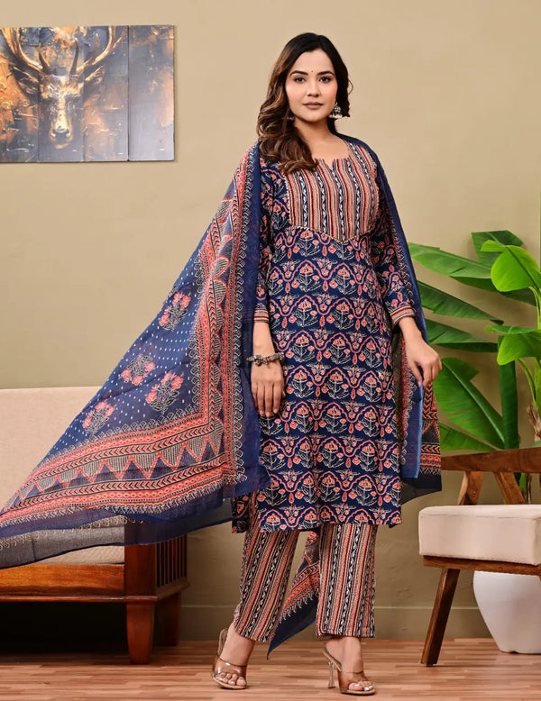 Vnyashri Multicolor Block Printed Straight Kurta Pant set with Dupatta