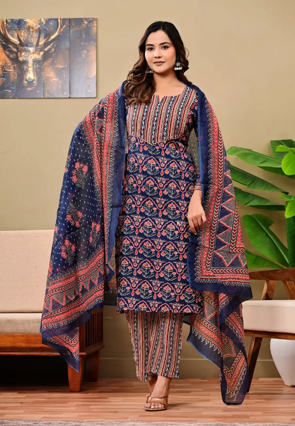 Vnyashri Multicolor Block Printed Straight Kurta Pant set with Dupatta
