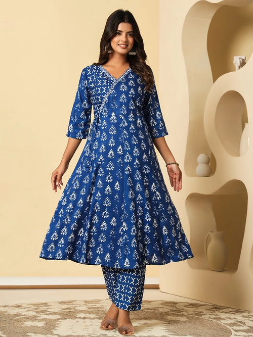 Vnyashri Blue Ethnic Motifs Printed Angrakha Kurta Pant Set with Dupatta 