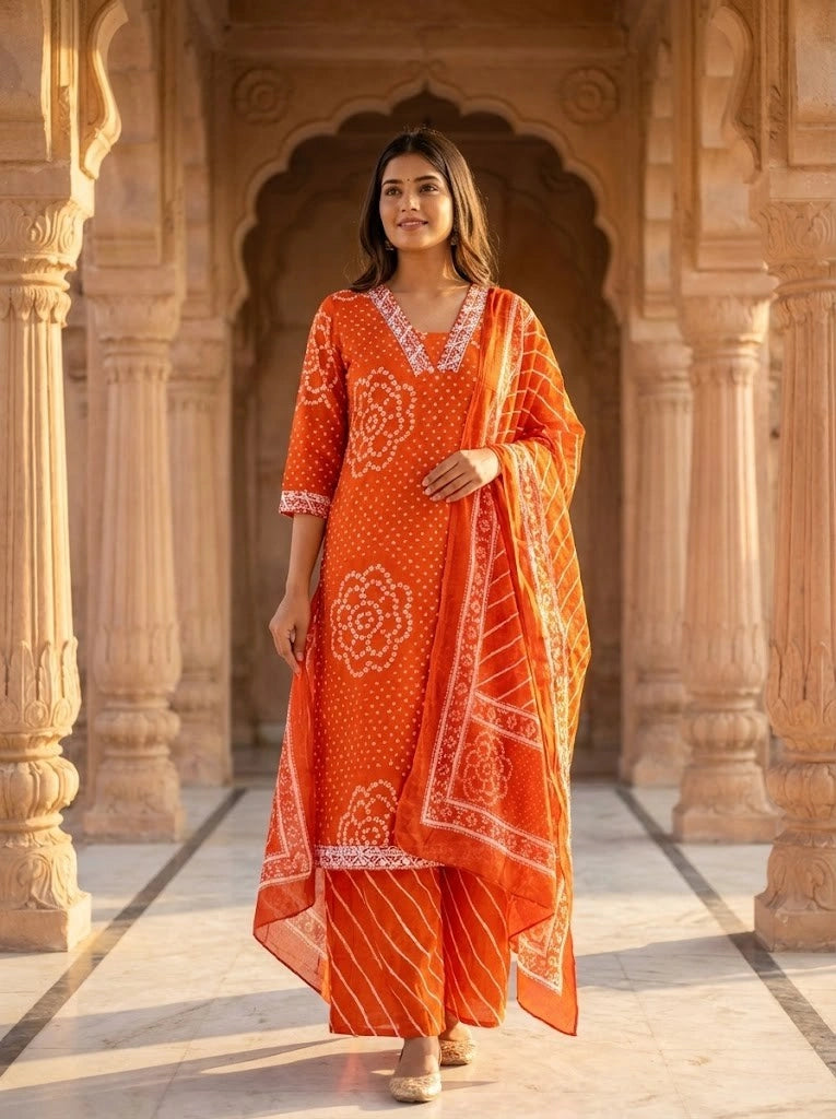 Ethnic Bandhej and Lehriya Printed Straight Kurta Palazzo Set with Dupatta