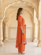 Ethnic Bandhej and Lehriya Printed Straight Kurta Palazzo Set with Dupatta