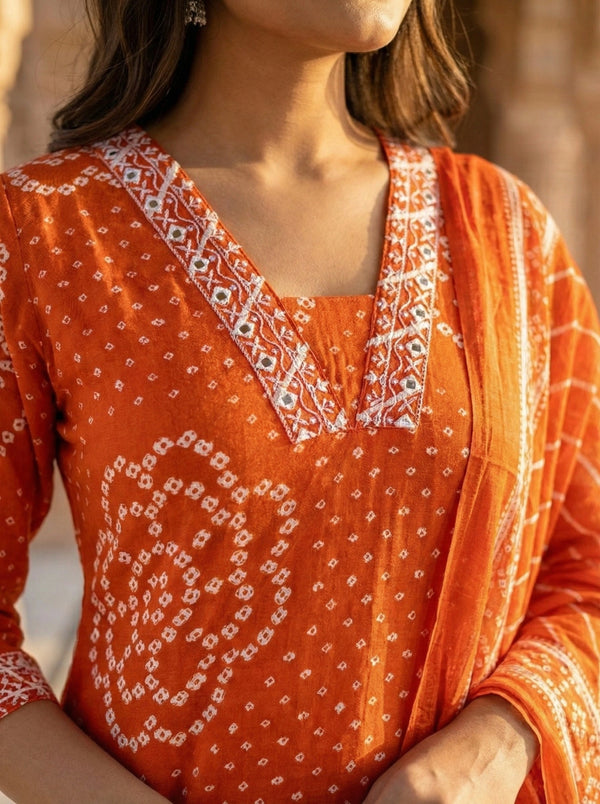 Ethnic Bandhej and Lehriya Printed Straight Kurta Palazzo Set with Dupatta