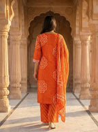 Ethnic Bandhej and Lehriya Printed Straight Kurta Palazzo Set with Dupatta