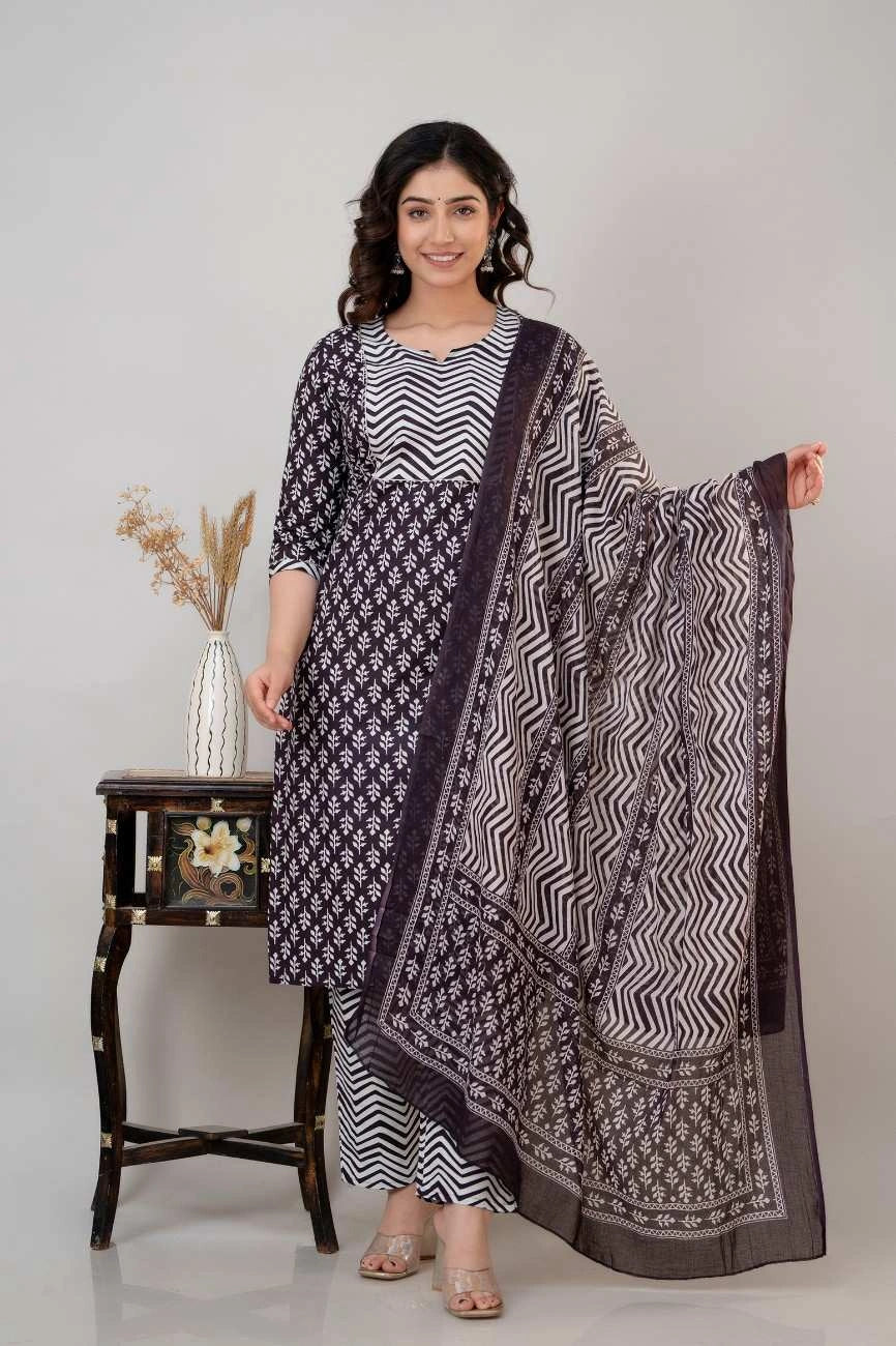 Vnyashri Floral Motfis Printed Cotton Straight Kurta Palazzo Set with Dupatta