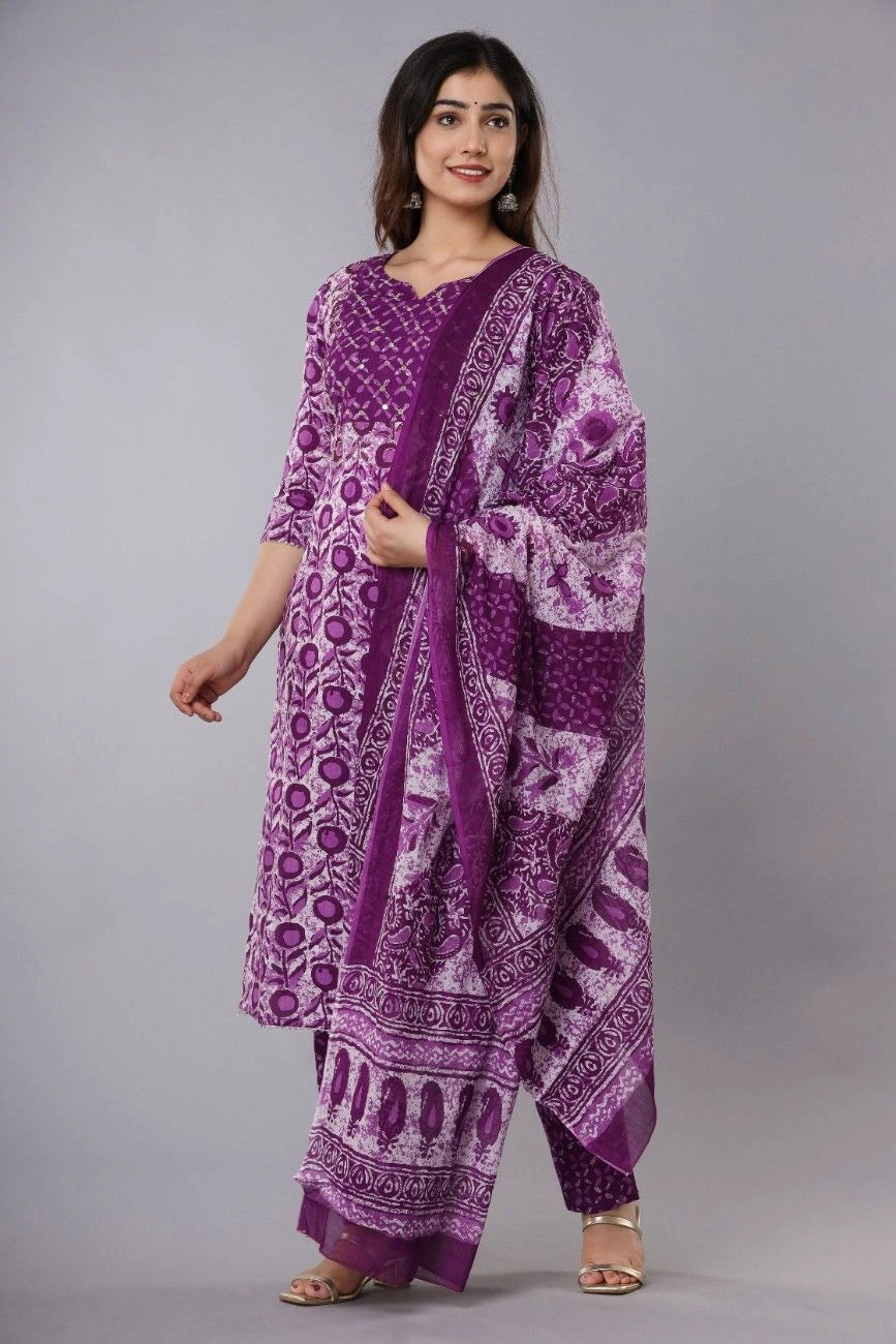 Vnyashri Floral Printed Cotton Straight Kurta Pant Set with Dupatta