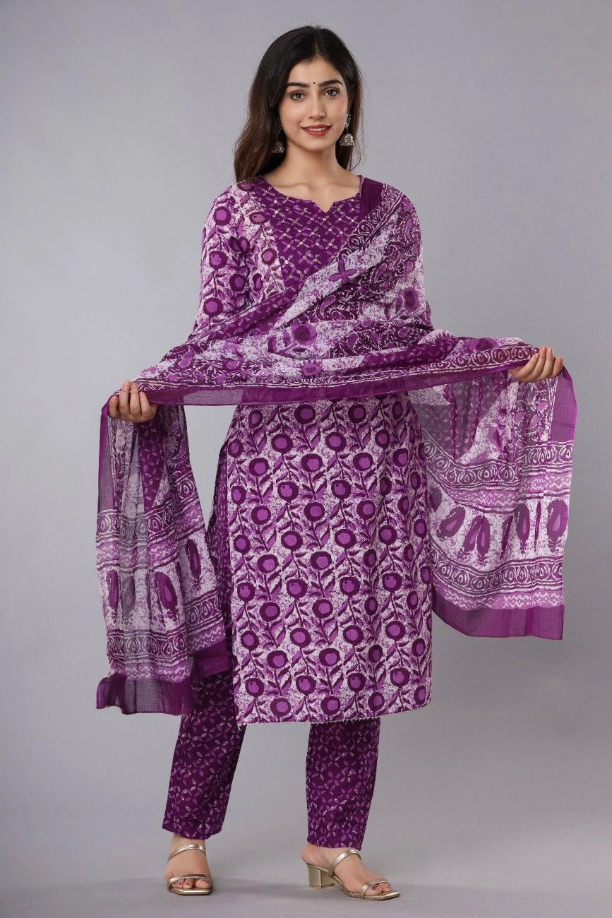 Vnyashri Floral Printed Cotton Straight Kurta Pant Set with Dupatta