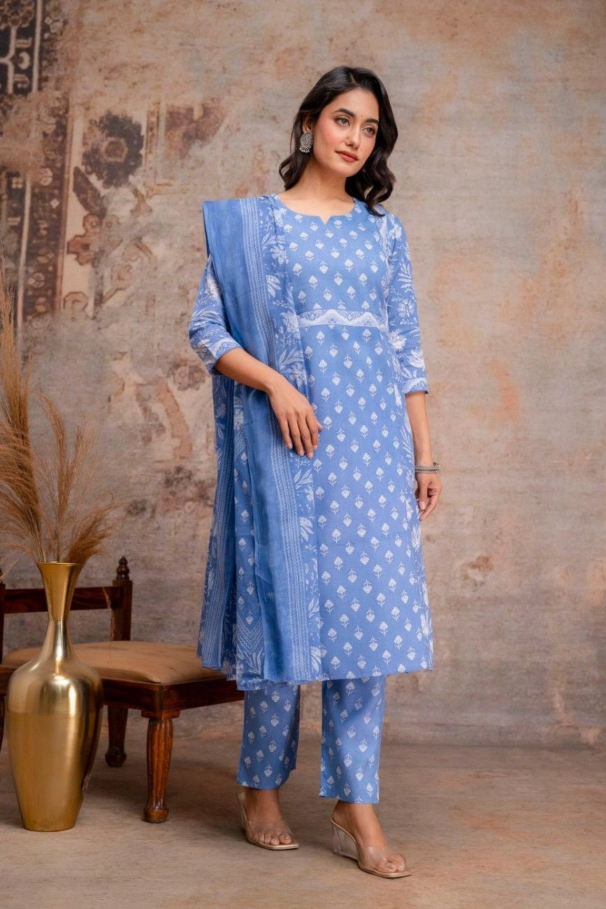 Vnyashri Blue Floral Printed Straight Kurta Trousers Set with Dupatta