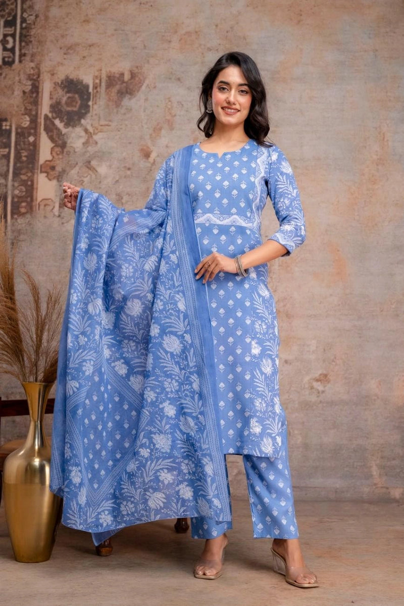 Vnyashri Blue Floral Printed Straight Kurta Trousers Set with Dupatta