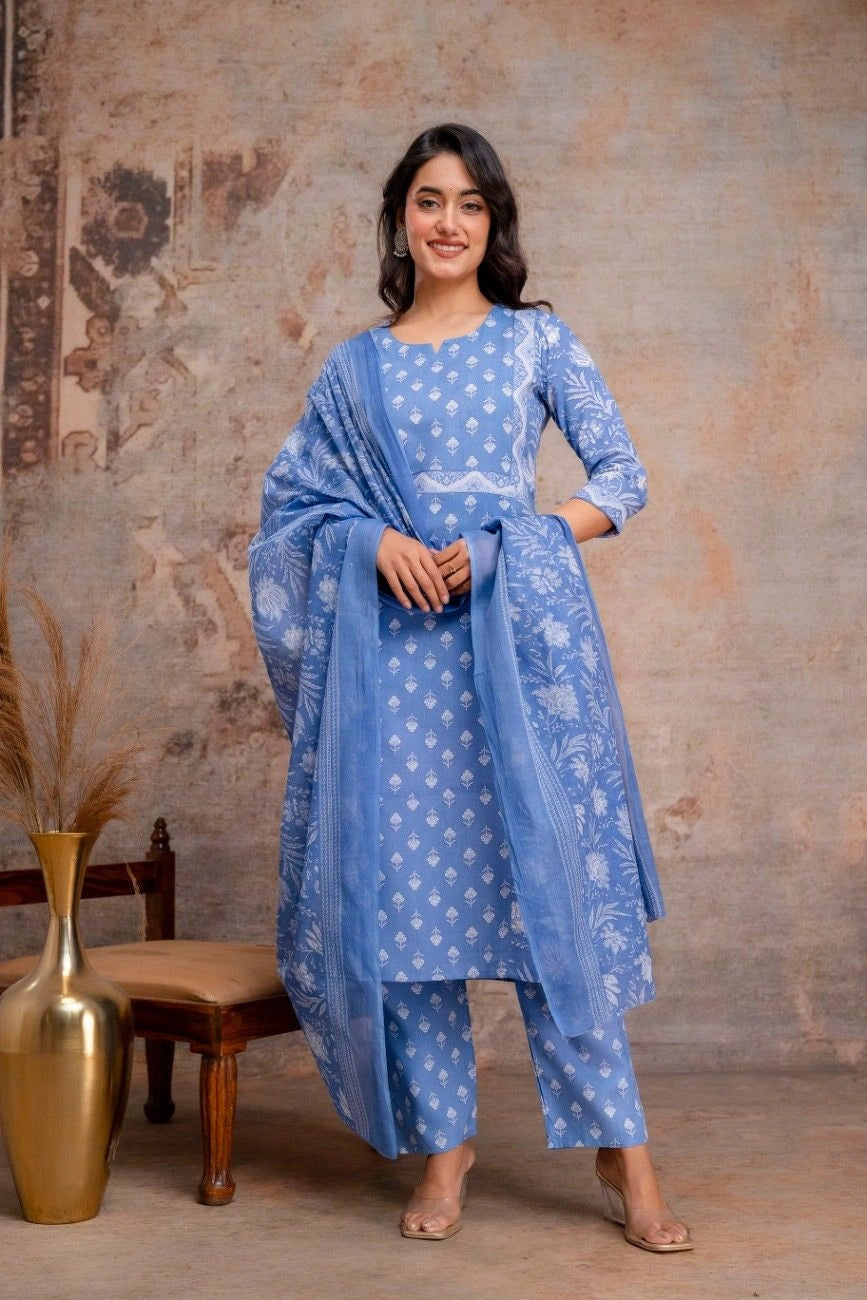 Vnyashri Blue Floral Printed Straight Kurta Trousers Set with Dupatta