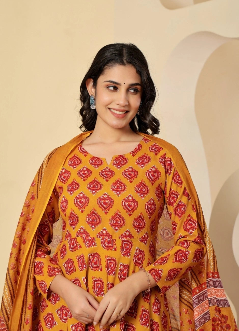 Vnyashri Mustard Floral Printed Anarkali Kurta Trousers Set with Dupatta