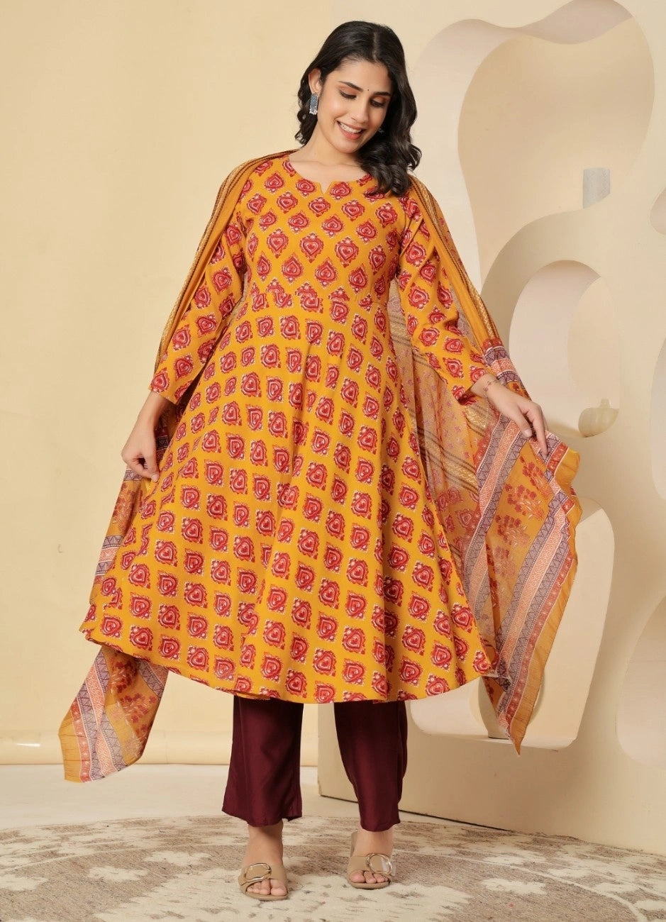 Vnyashri Mustard Floral Printed Anarkali Kurta Trousers Set with Dupatta