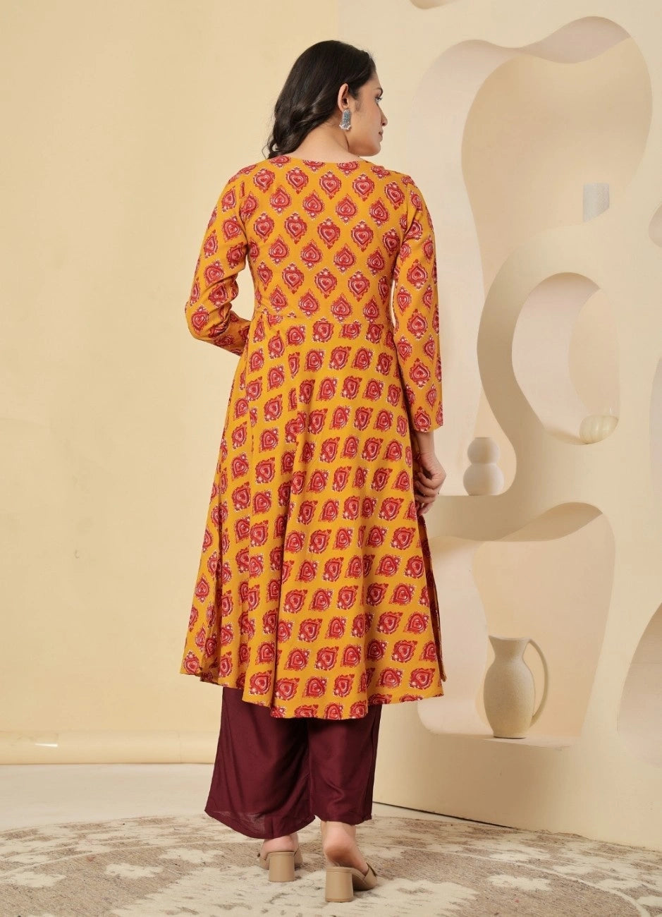 Vnyashri Mustard Floral Printed Anarkali Kurta Trousers Set with Dupatta