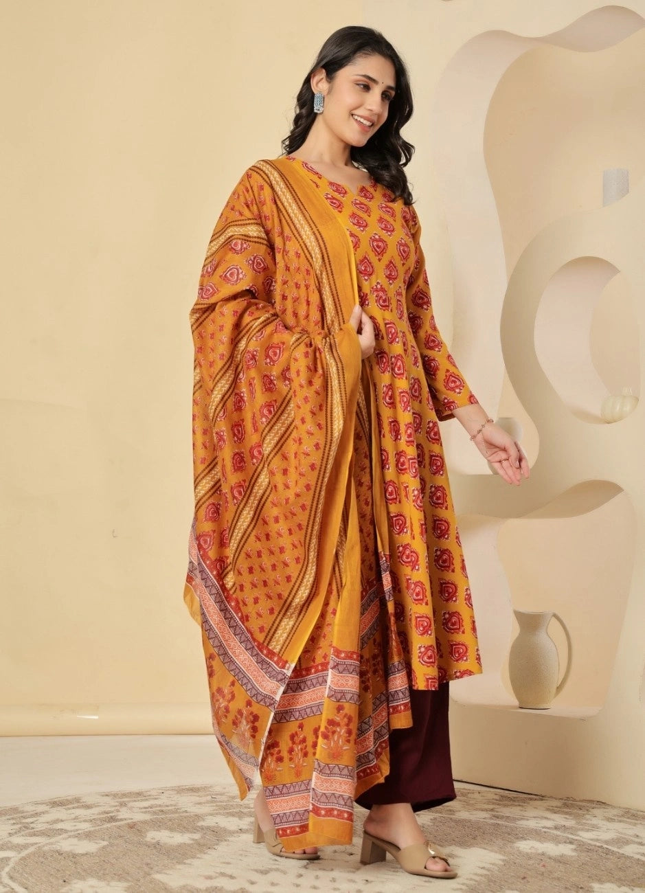 Vnyashri Mustard Floral Printed Anarkali Kurta Trousers Set with Dupatta