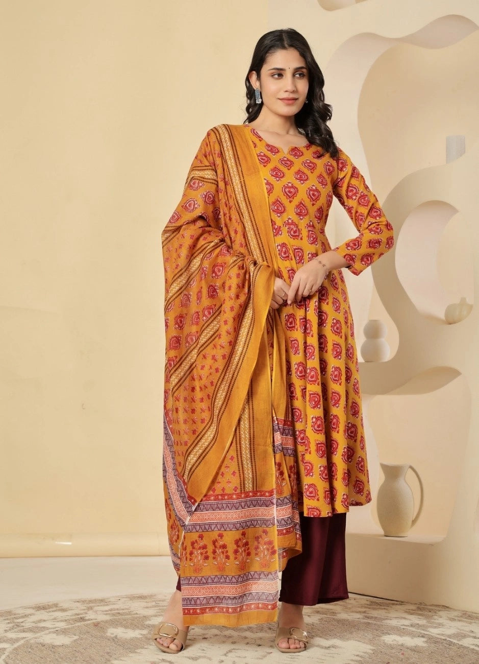 Vnyashri Mustard Floral Printed Anarkali Kurta Trousers Set with Dupatta