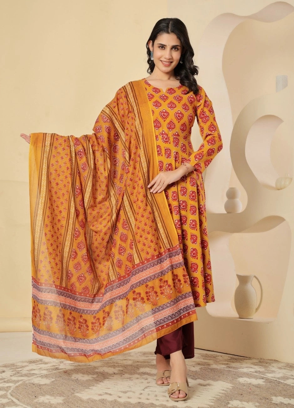 Vnyashri Mustard Floral Printed Anarkali Kurta Trousers Set with Dupatta