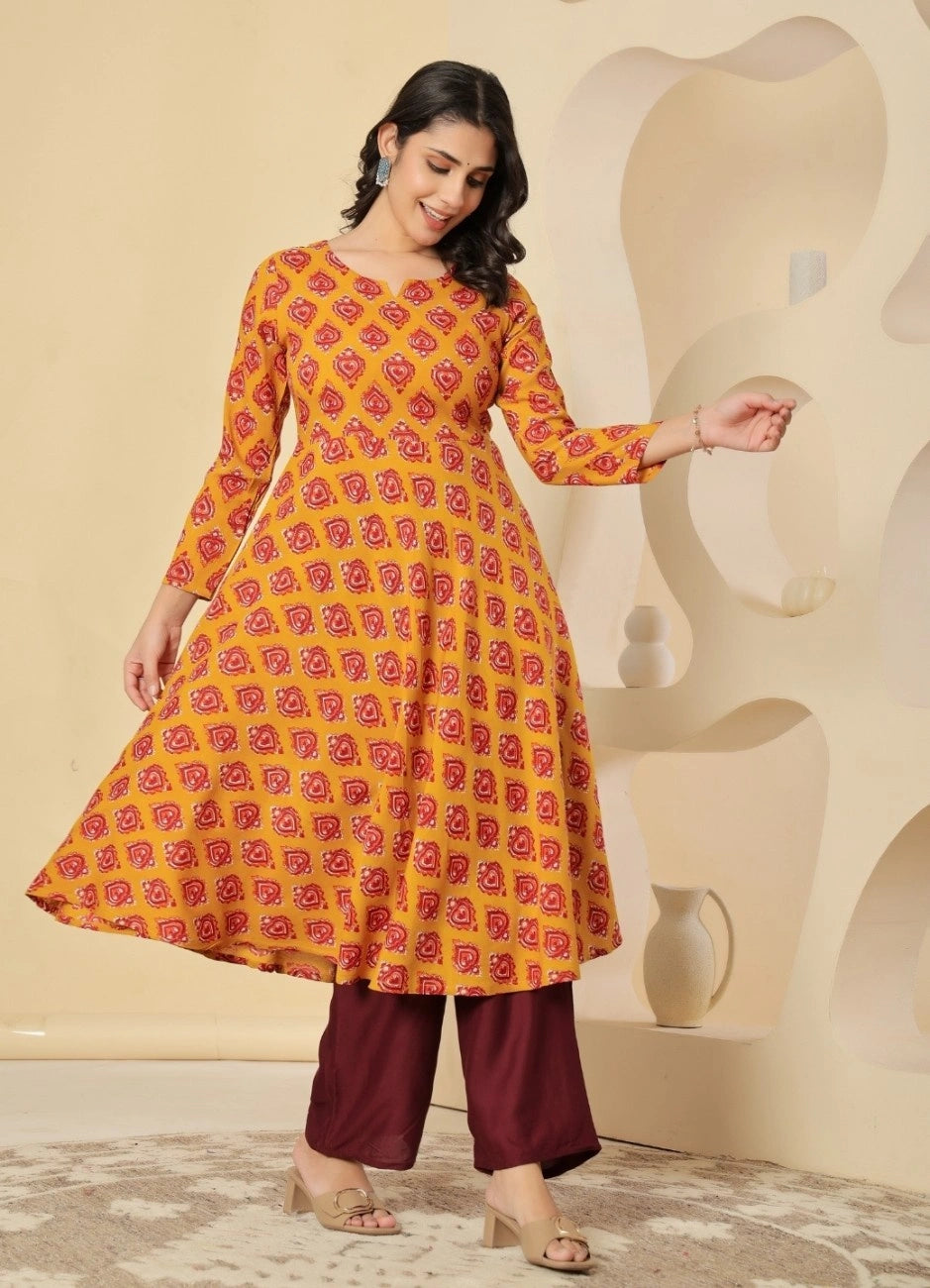 Vnyashri Mustard Floral Printed Anarkali Kurta Trousers Set with Dupatta
