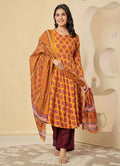 Vnyashri Mustard Floral Printed Anarkali Kurta Trousers Set with Dupatta