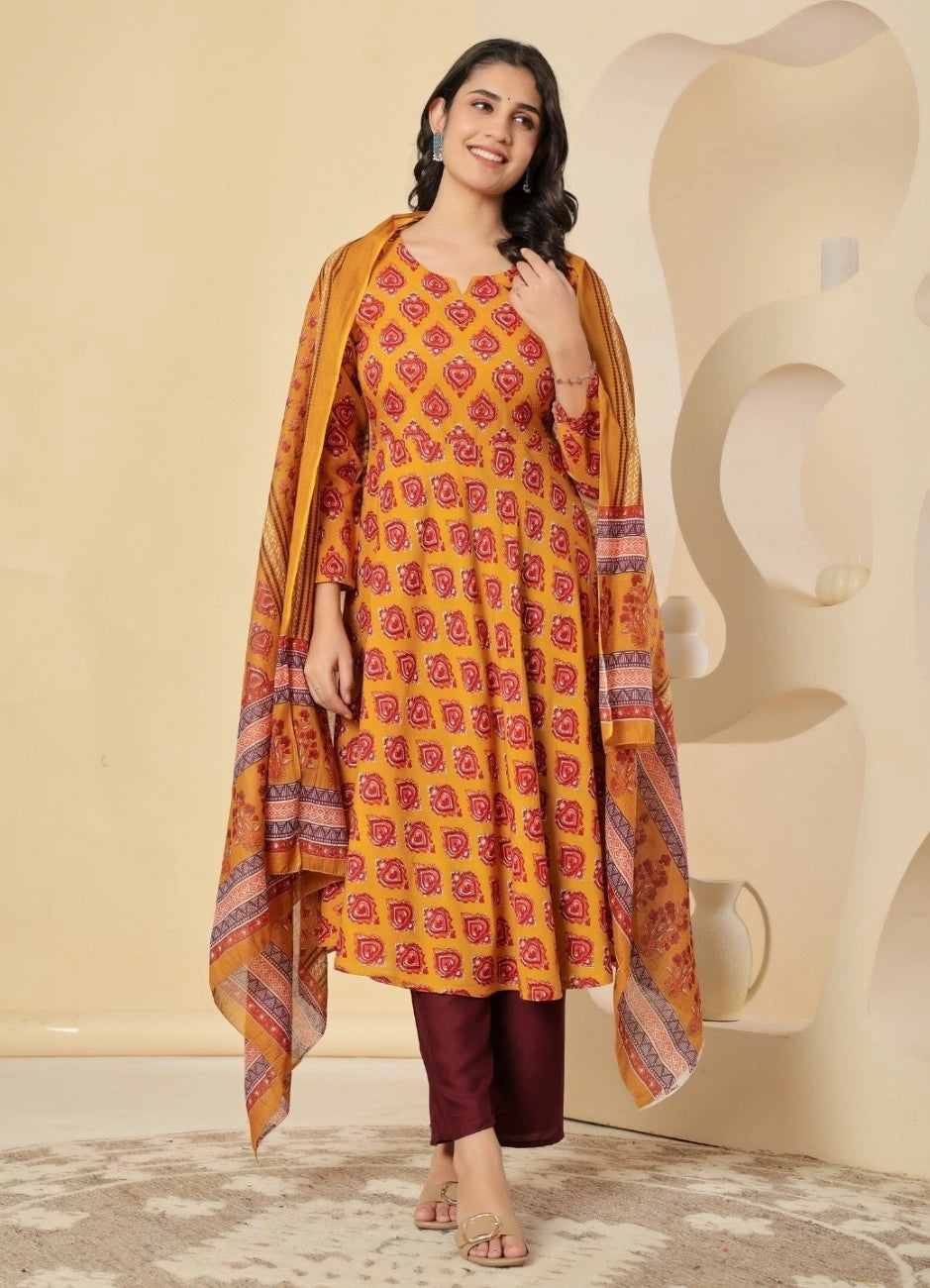 Vnyashri Mustard Floral Printed Anarkali Kurta Trousers Set with Dupatta