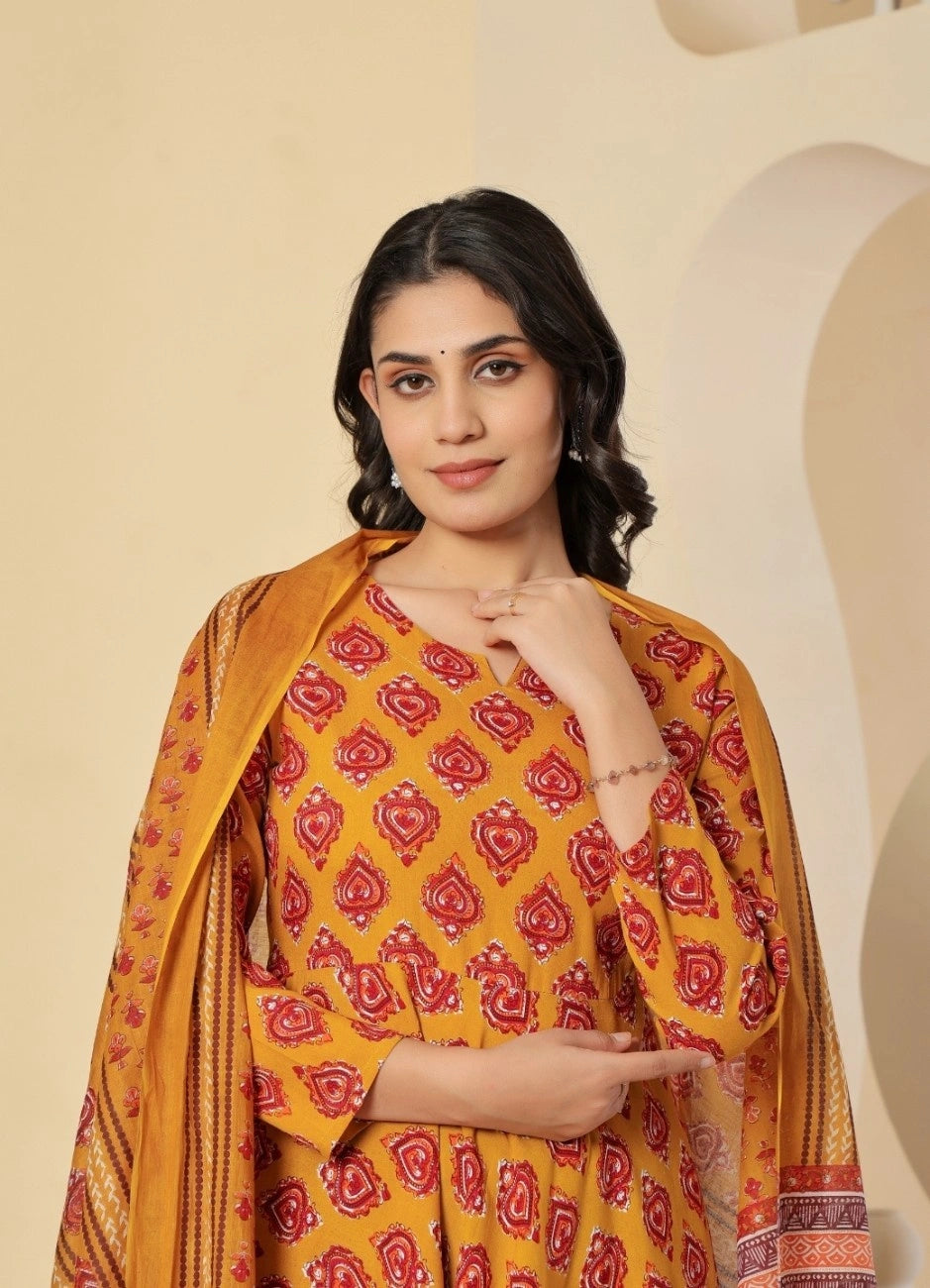 Vnyashri Mustard Floral Printed Anarkali Kurta Trousers Set with Dupatta