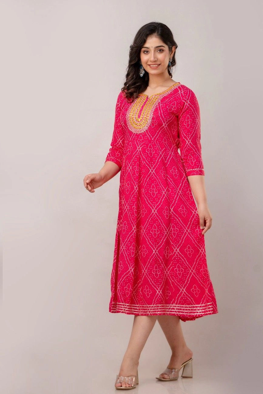 Vnyashri Pink Bandhani Printed and Embroidered Anarkali Kurta