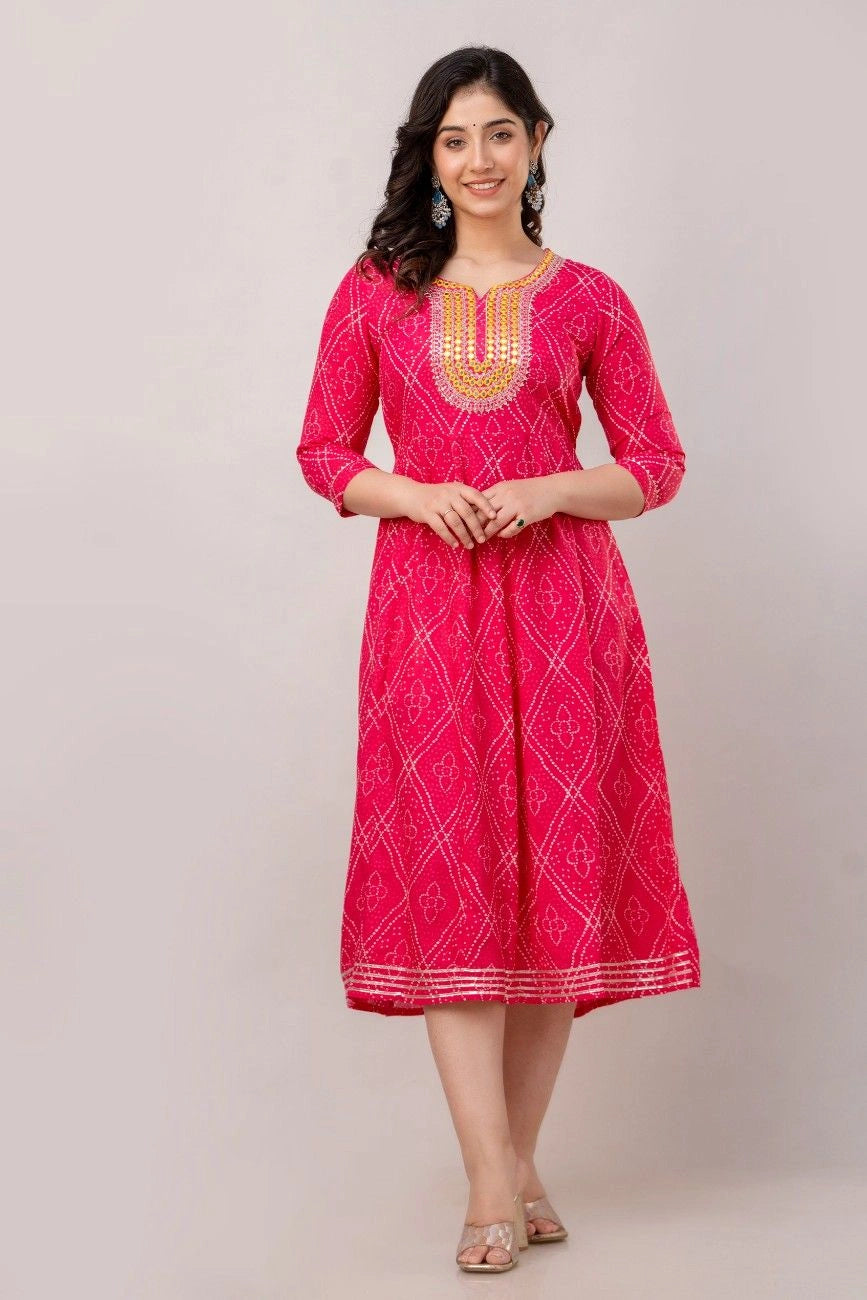 Vnyashri Pink Bandhani Printed and Embroidered Anarkali Kurta