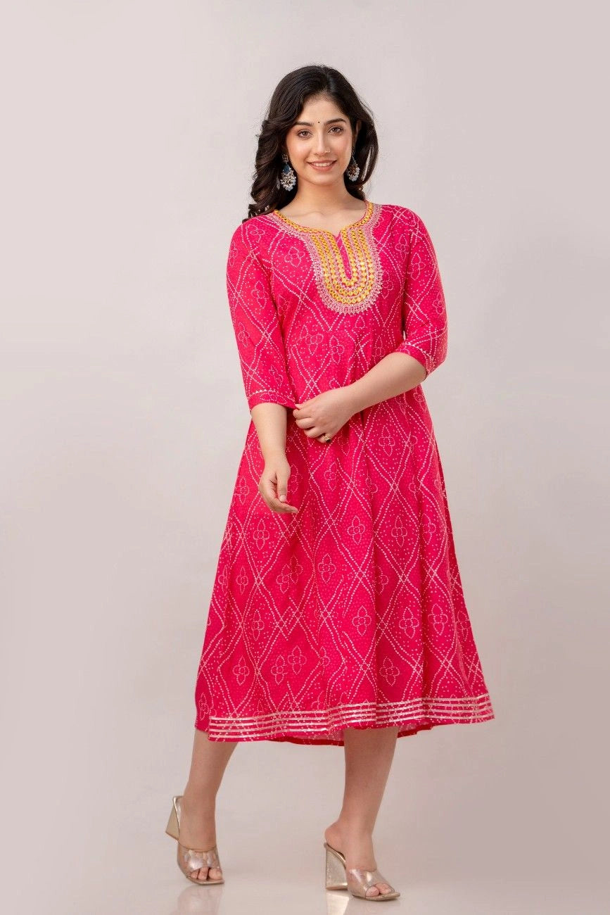 Vnyashri Pink Bandhani Printed and Embroidered Anarkali Kurta