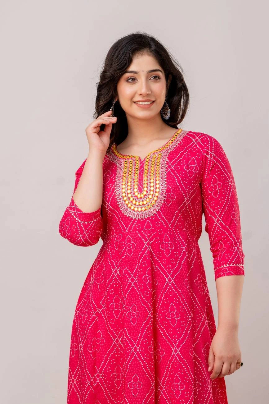 Vnyashri Pink Bandhani Printed and Embroidered Anarkali Kurta