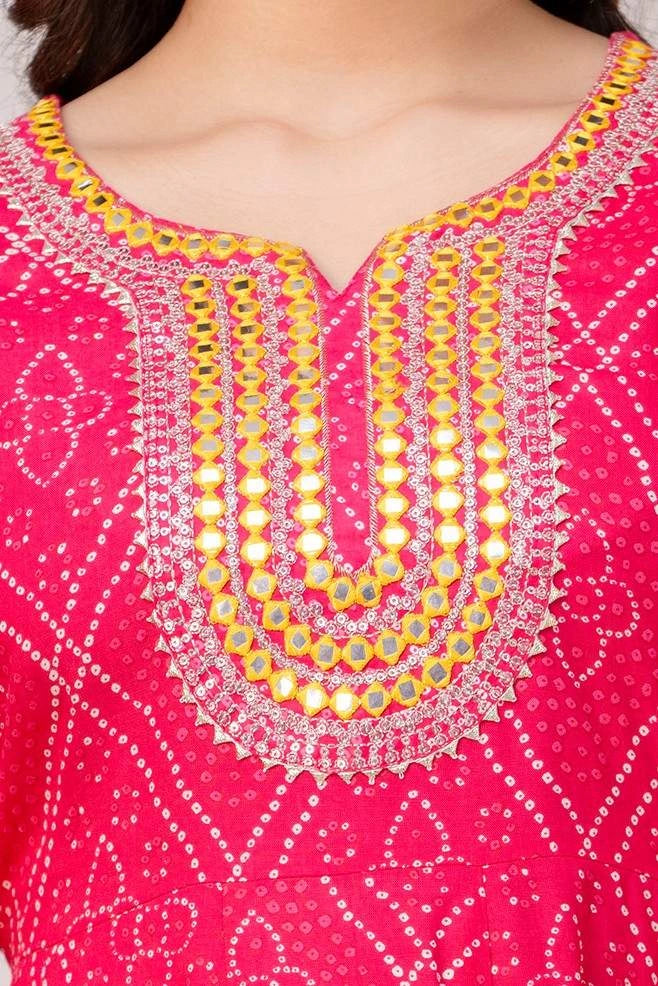 Vnyashri Pink Bandhani Printed and Embroidered Anarkali Kurta