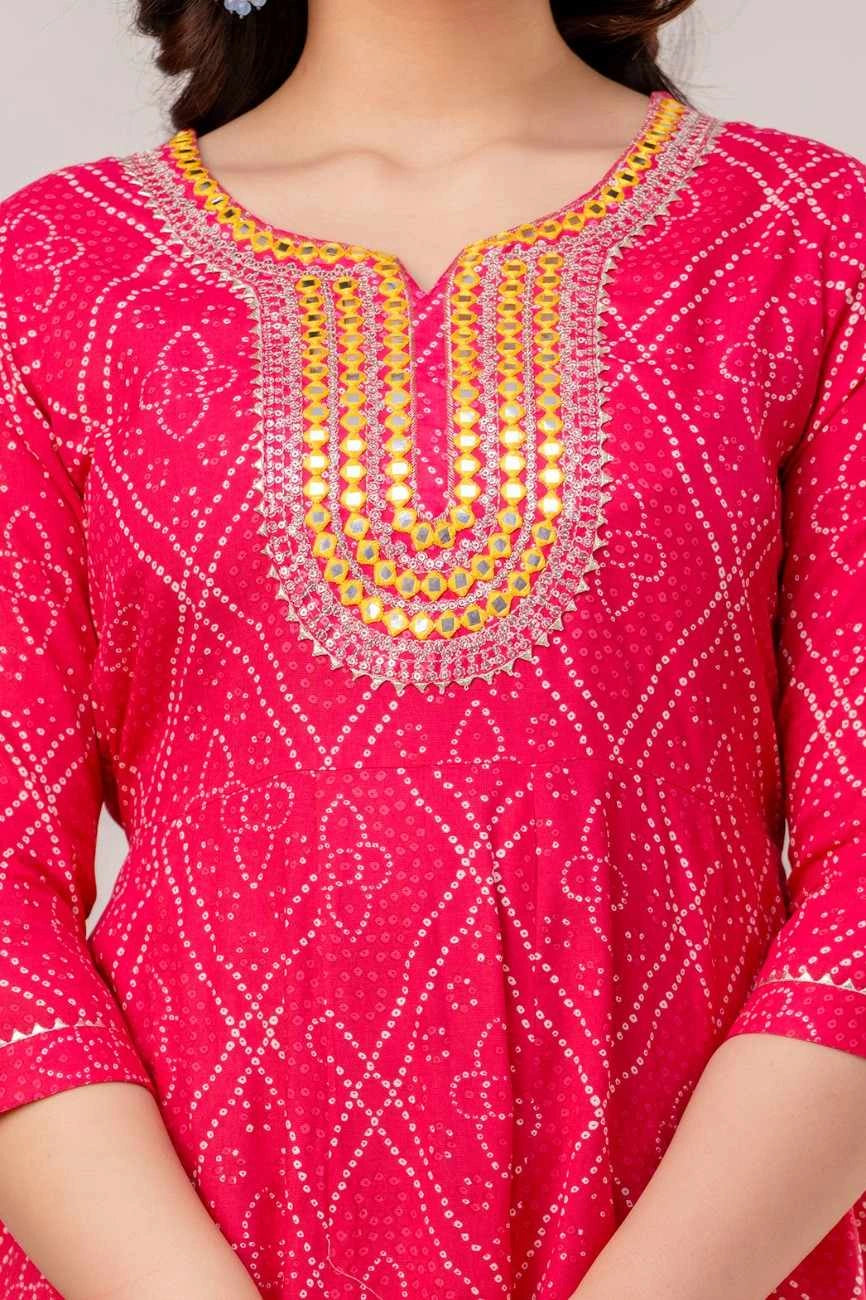 Vnyashri Pink Bandhani Printed and Embroidered Anarkali Kurta