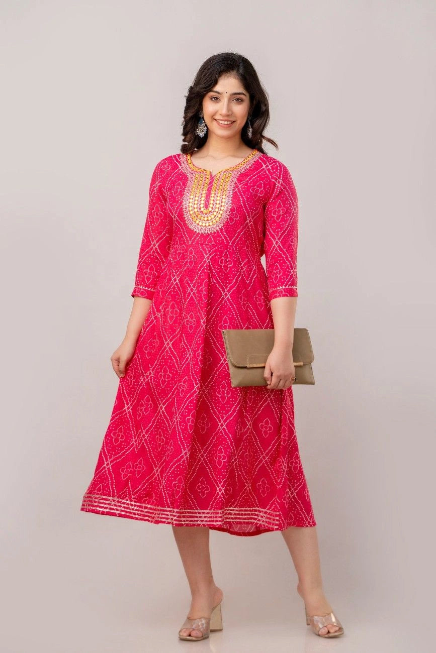 Vnyashri Pink Bandhani Printed and Embroidered Anarkali Kurta