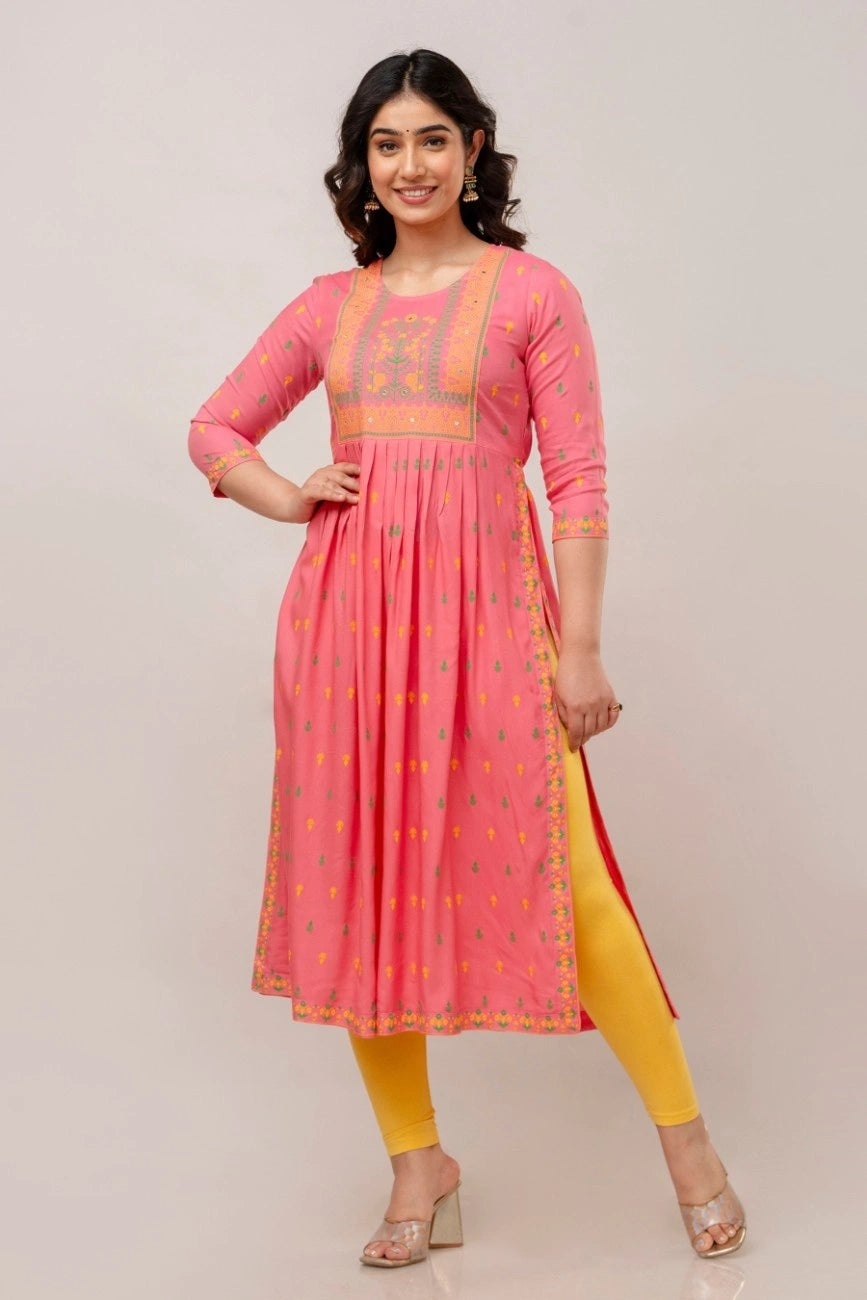 Vnyashri Rosepink Floral Printed Anarkali Kurta