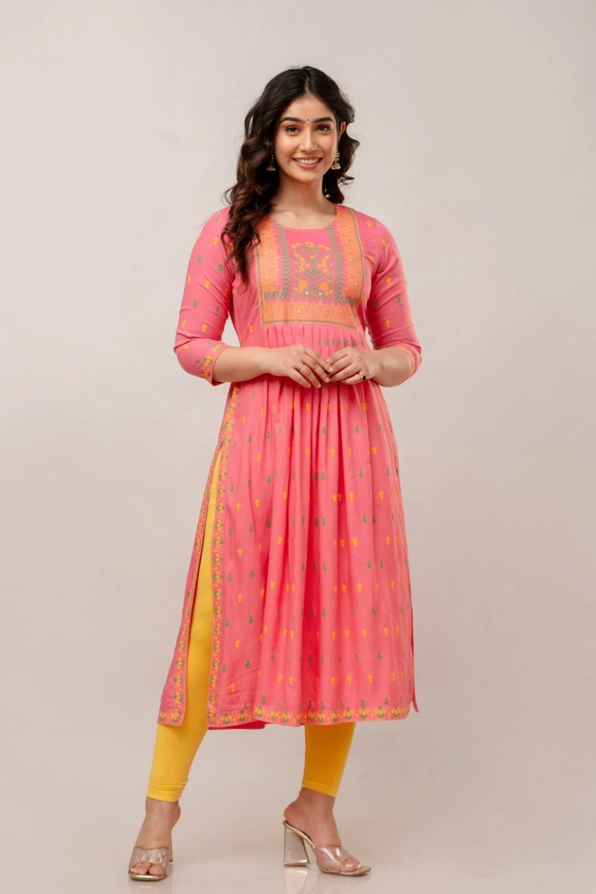 Vnyashri Rosepink Floral Printed Anarkali Kurta