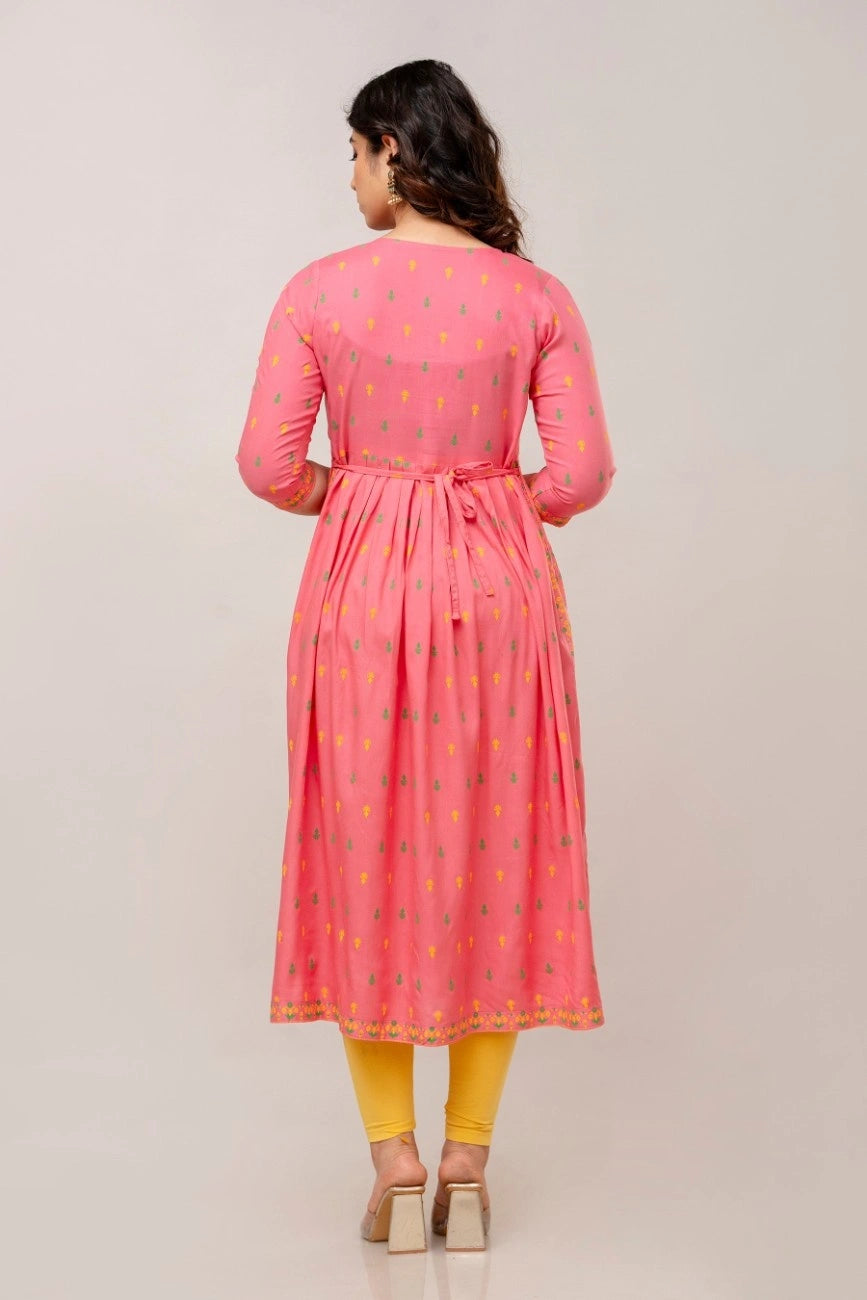 Vnyashri Rosepink Floral Printed Anarkali Kurta