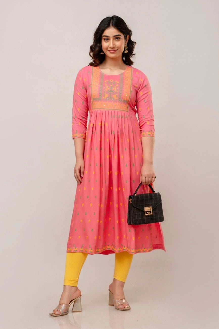 Vnyashri Rosepink Floral Printed Anarkali Kurta