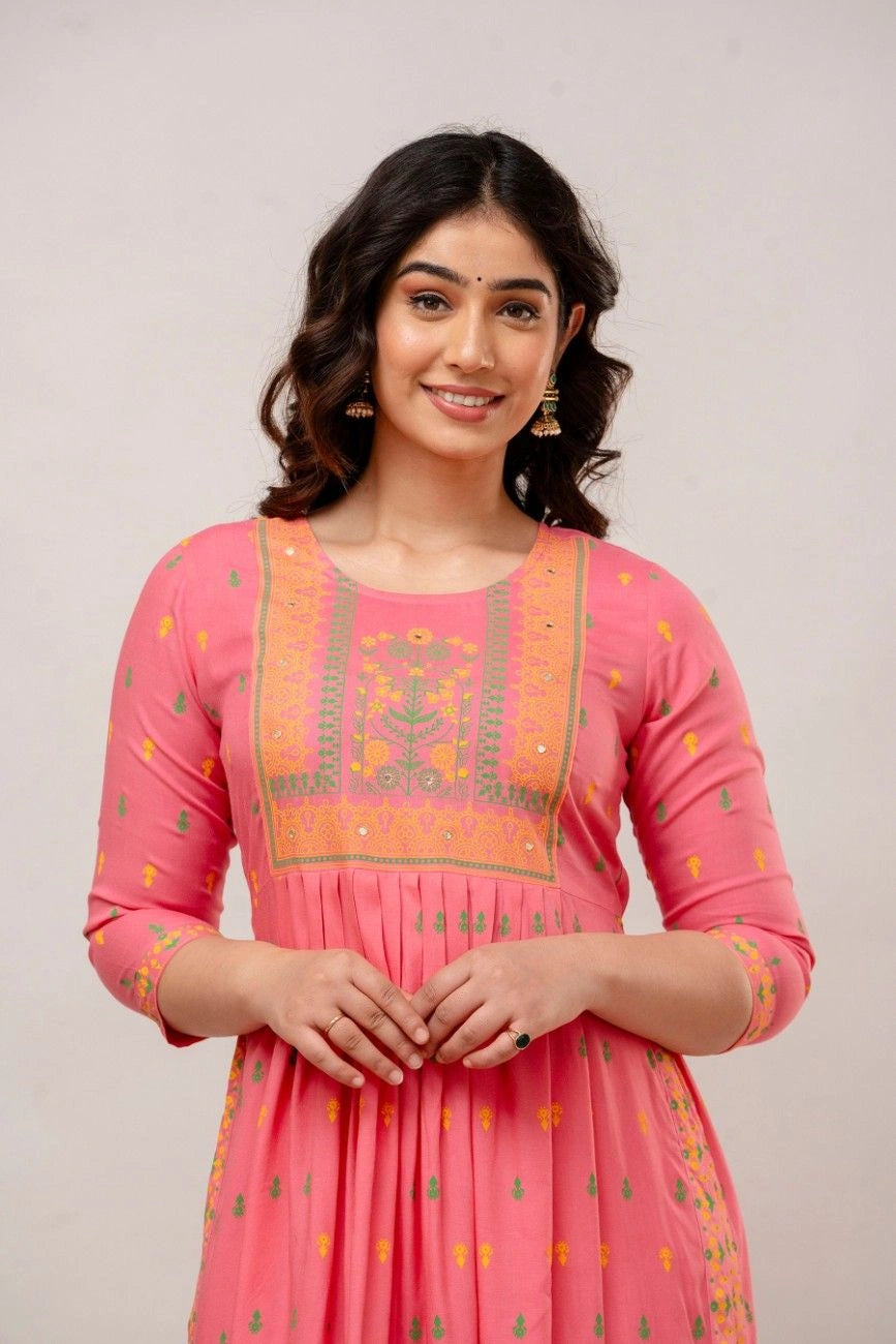 Vnyashri Rosepink Floral Printed Anarkali Kurta