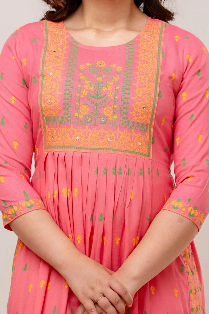 Vnyashri Rosepink Floral Printed Anarkali Kurta