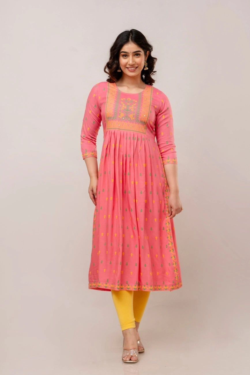 Vnyashri Rosepink Floral Printed Anarkali Kurta