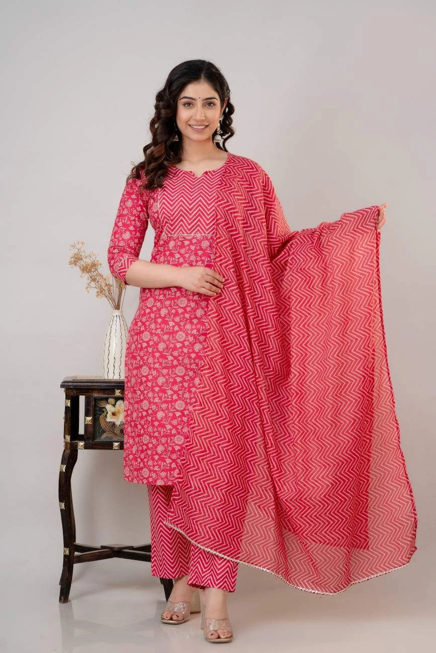 Vnyashri Pink Floral Printed Cotton Straight Kurta Pant Set with Dupatta