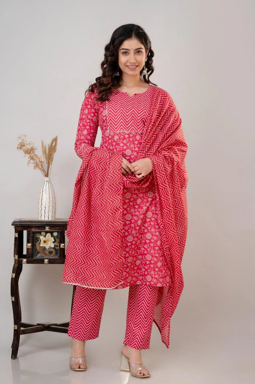 Vnyashri Pink Floral Printed Cotton Straight Kurta Pant Set with Dupatta
