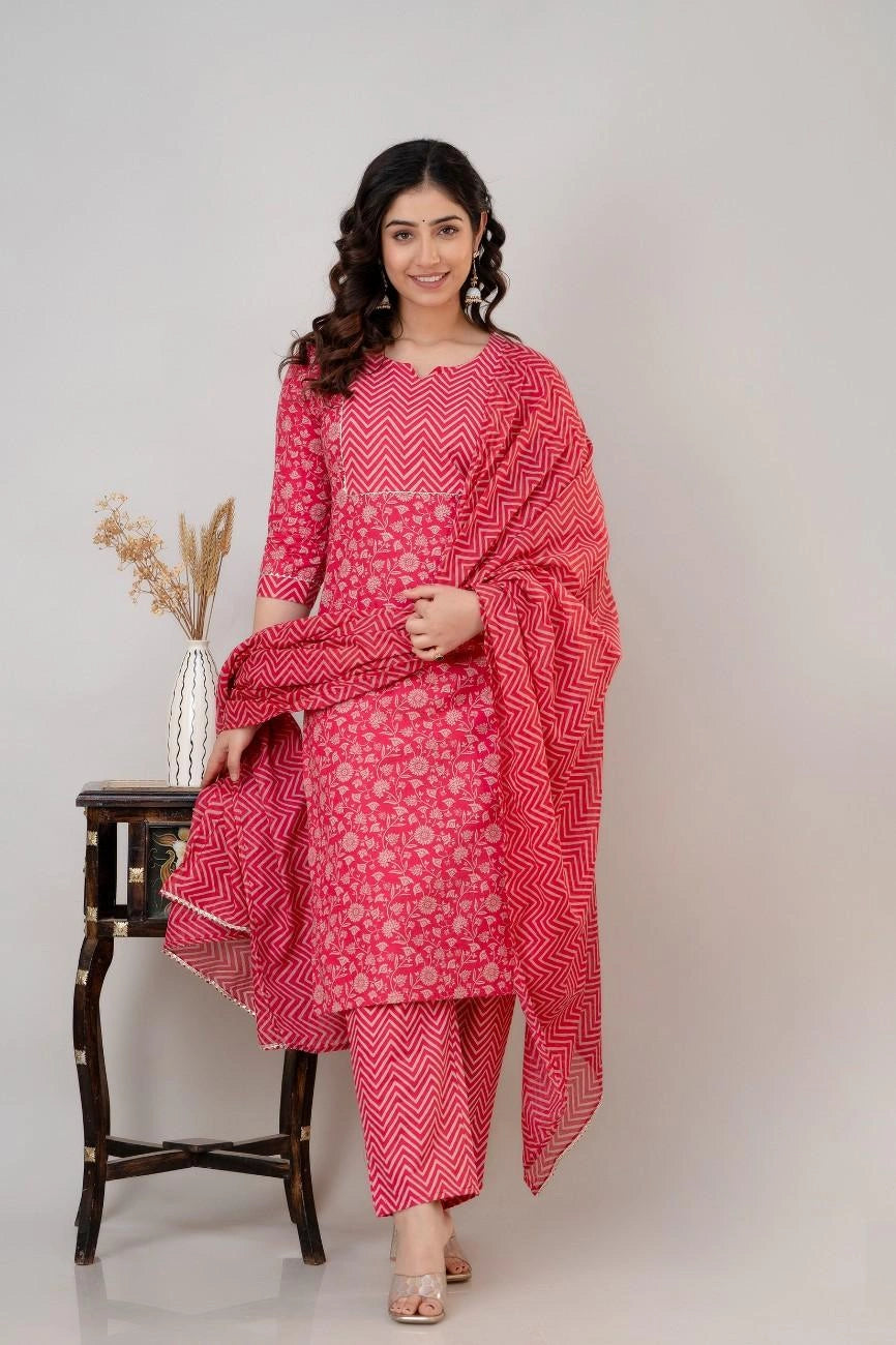 Vnyashri Pink Floral Printed Cotton Straight Kurta Pant Set with Dupatta