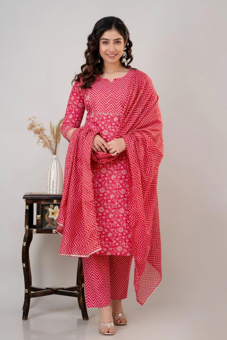 Vnyashri Pink Floral Printed Cotton Straight Kurta Pant Set with Dupatta